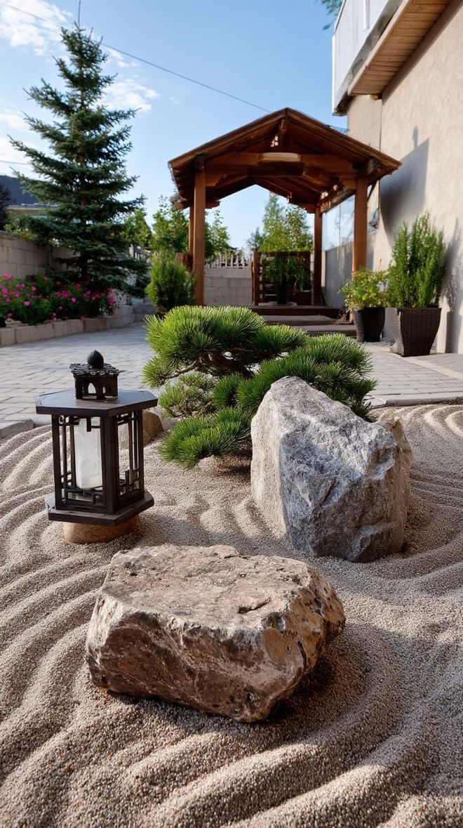 28. Zen garden with sculpted gravel and stone lanterns-1