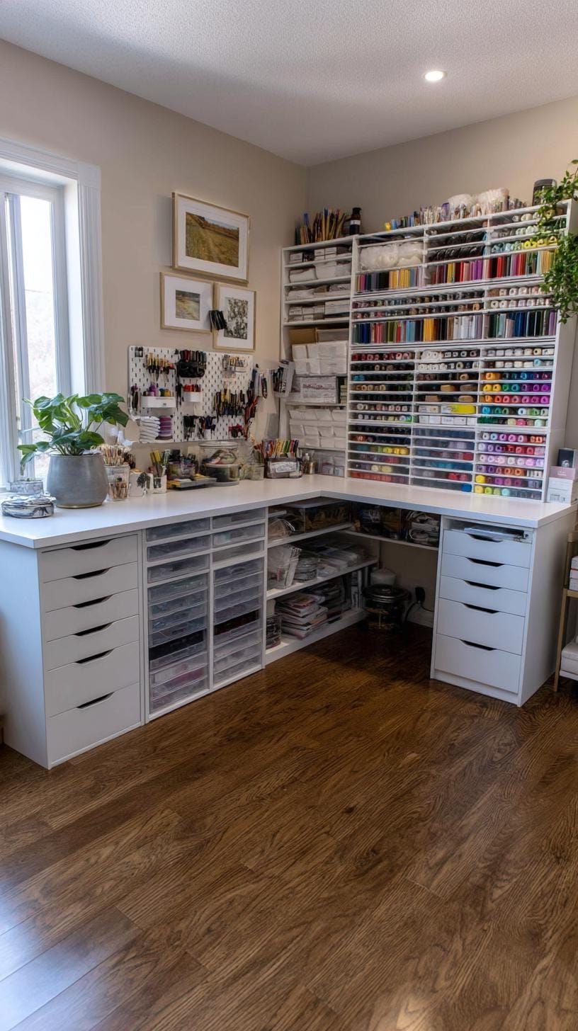 25 Craft Room Inspiring Ideas for Organization & Decor! 26 9. Corner craft room with drawers and vertical tool grid-0