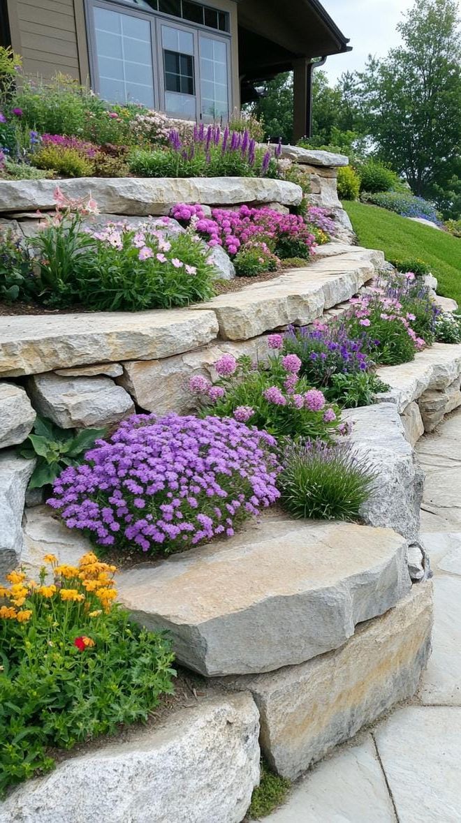 9. Tiered rock wall with pastel blooming layers-1