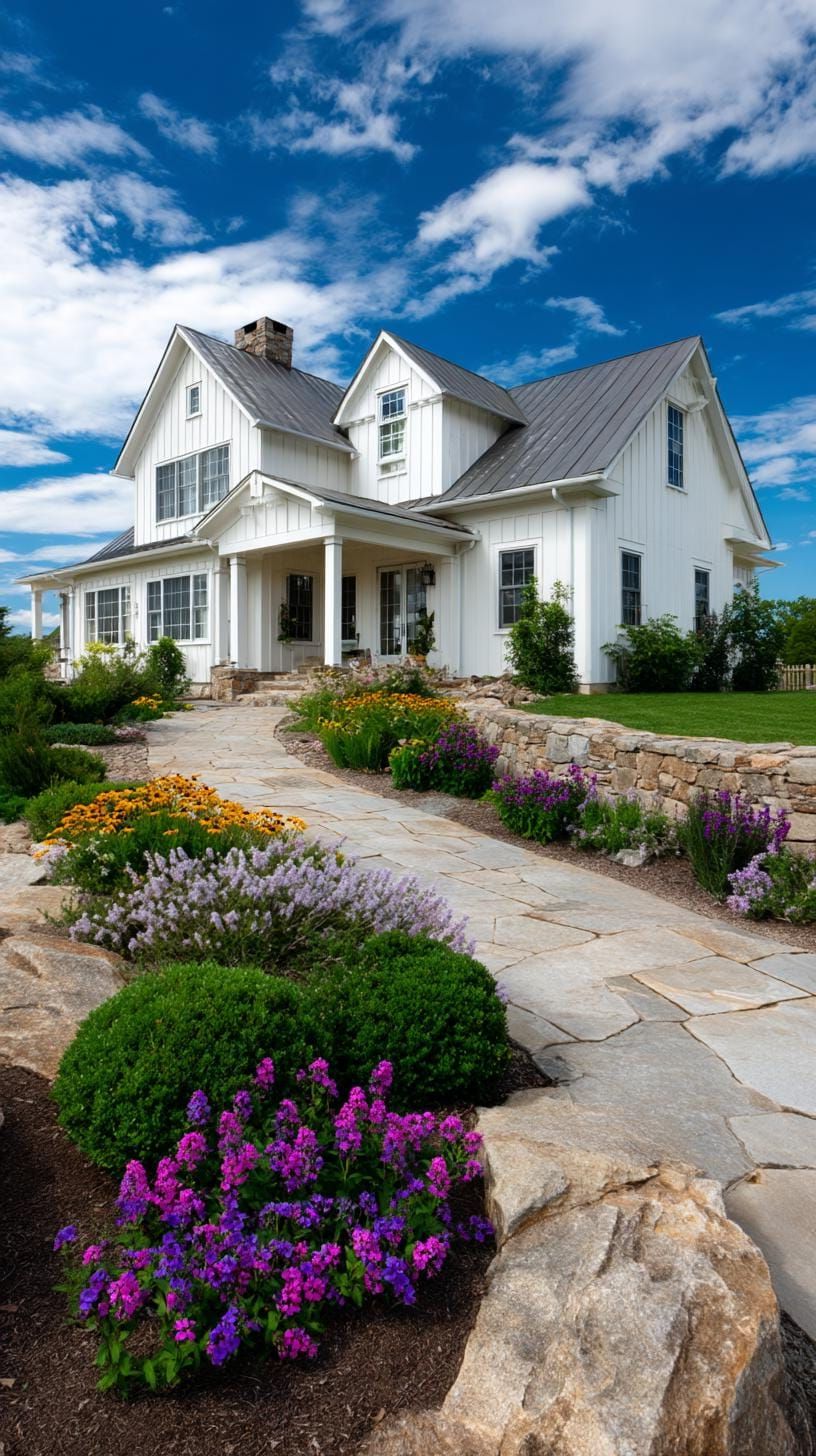 4. Stone-bordered garden around farmhouse white exterior-1