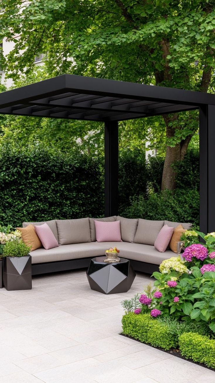 6. Black-framed modern pergola with outdoor sofa-2