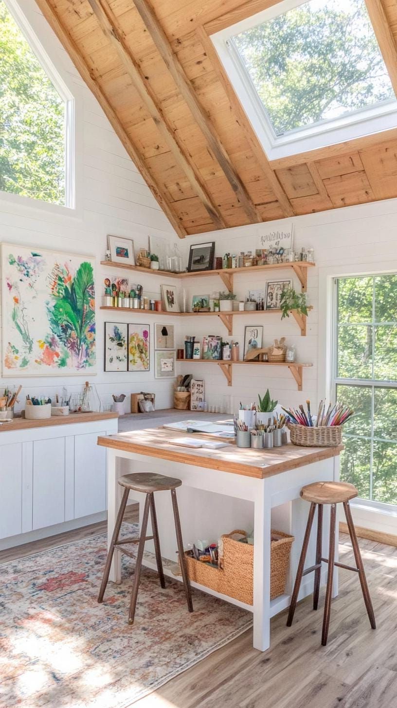 21 She Shed Interior Ideas for a Personal Backyard Retreat 36 10. She shed studio with natural wood slat ceiling and skylight-2