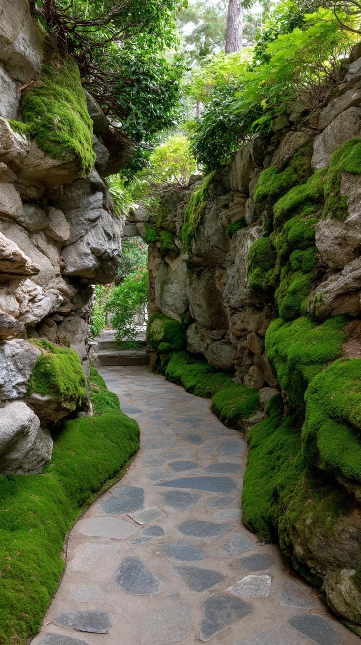 10. Twisting stone path flanked by moss walls-3