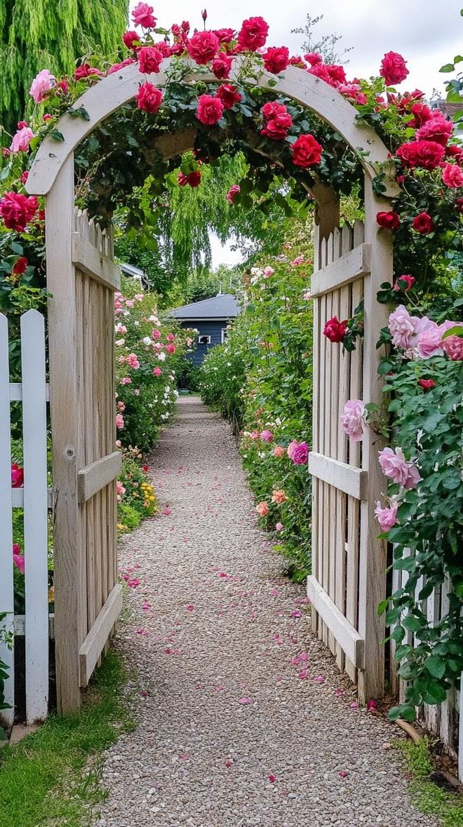 14. Natural wood arbor covered in climbing roses-1