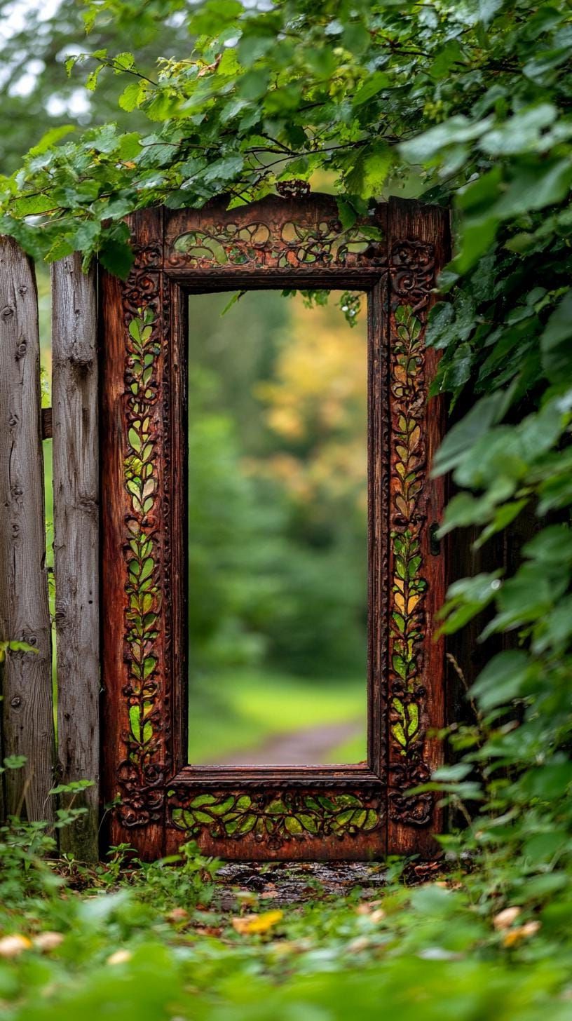 37 Magical Garden Ideas for a Whimsical Backyard 96 37. Mirror illusion door leaning on garden fence-2