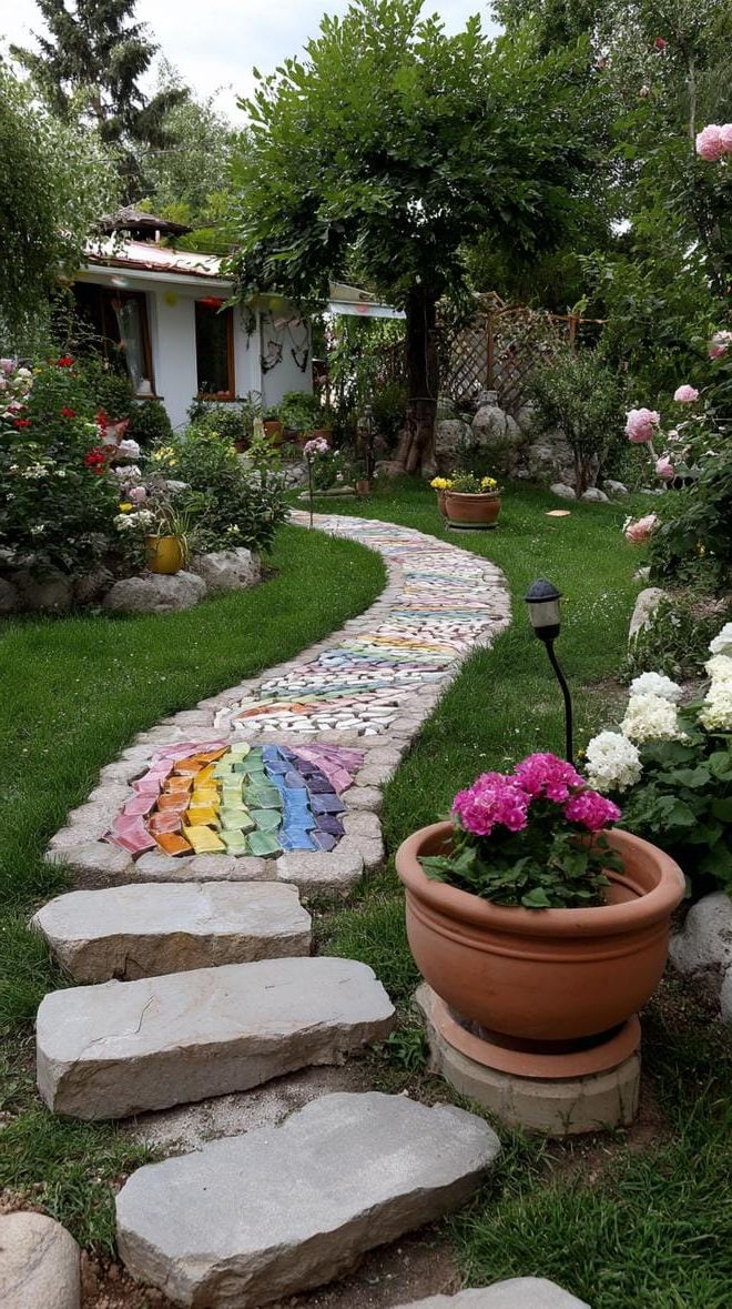 37 Magical Garden Ideas for a Whimsical Backyard 20 8. Mosaic stepping stones in rainbow colors-0