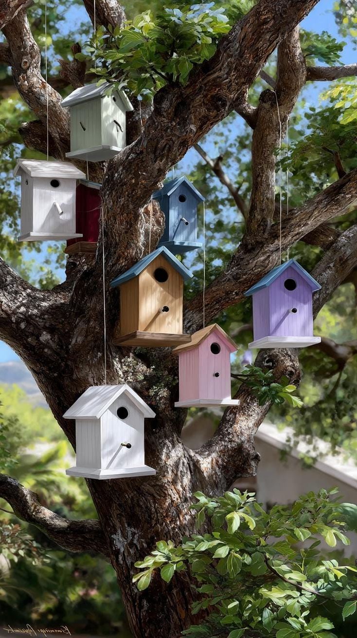 37 Magical Garden Ideas for a Whimsical Backyard 25 10. Birdhouse cluster hanging from tree branches-1