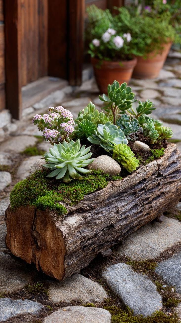 12. Hollowed-out log planter filled with succulents-0
