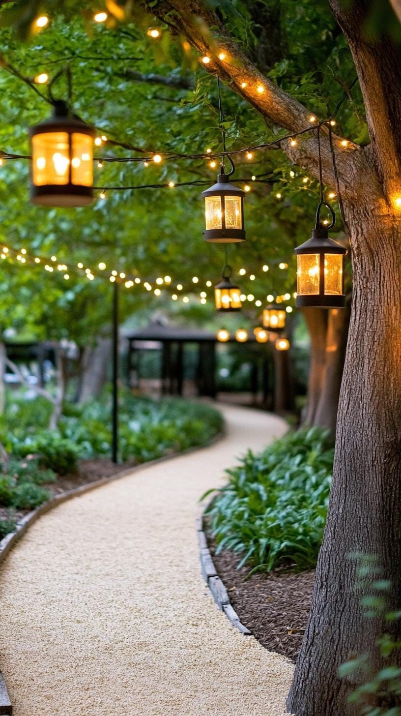 19. Hanging fairy lights over forested garden path-1