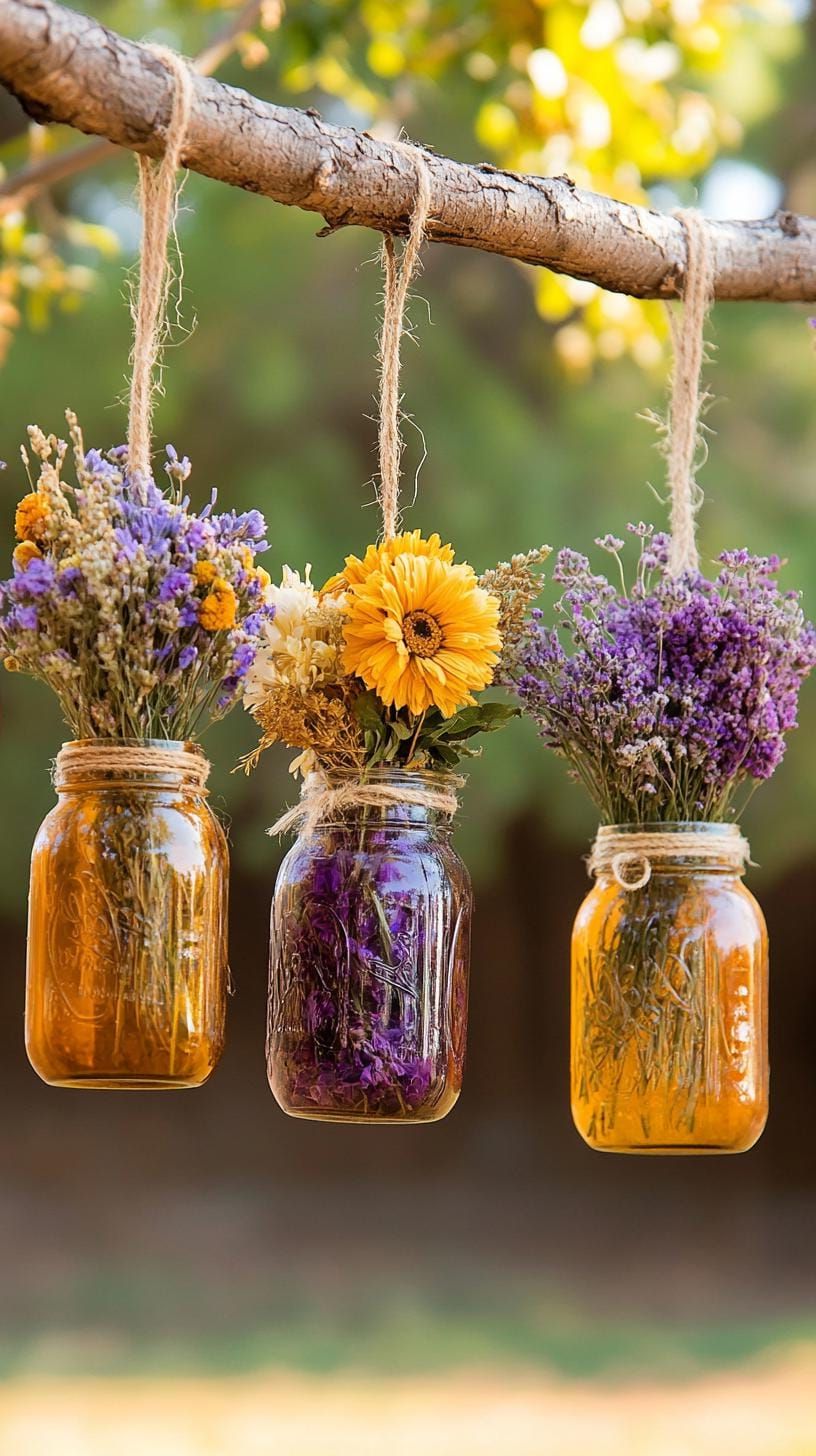 29 Charming Vintage Garden Decor Ideas: Embrace Rustic Beauty Outdoors 39 17. Hanging mason jars with dried flower bundles-1
