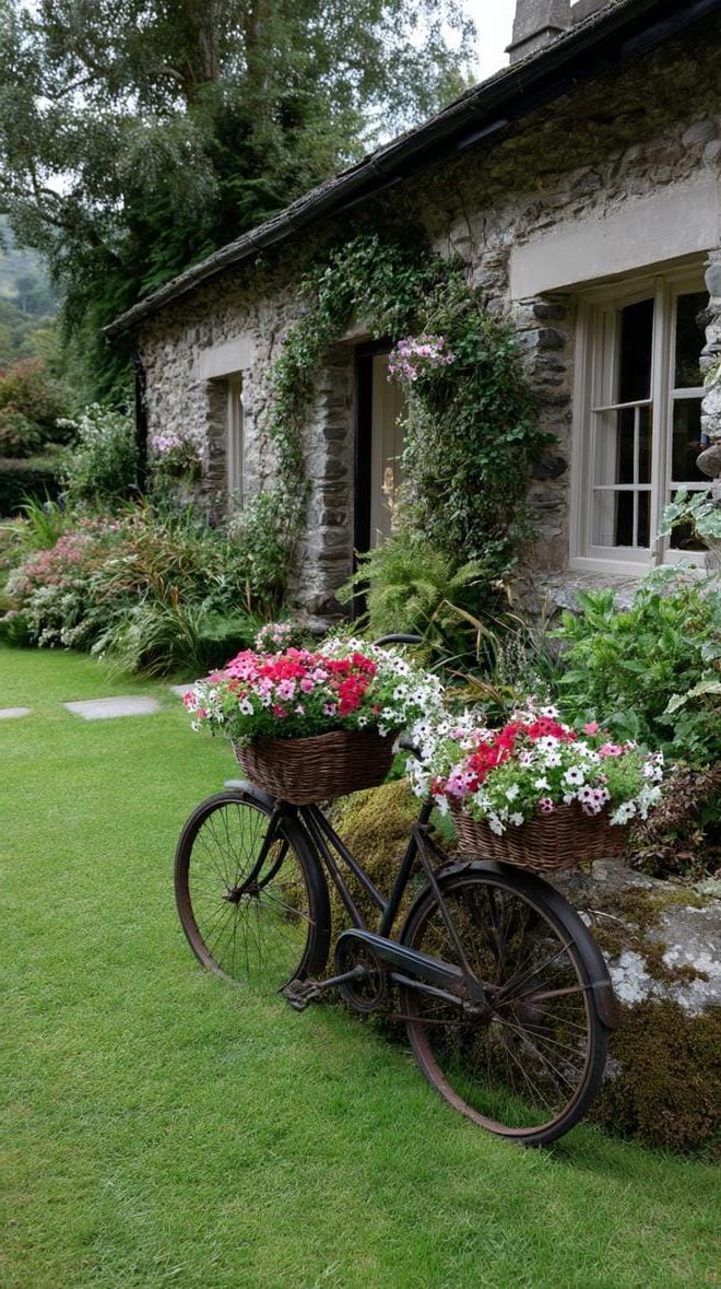 29 Charming Vintage Garden Decor Ideas: Embrace Rustic Beauty Outdoors 3 1. Antique bicycle planter with cascading flower baskets-1
