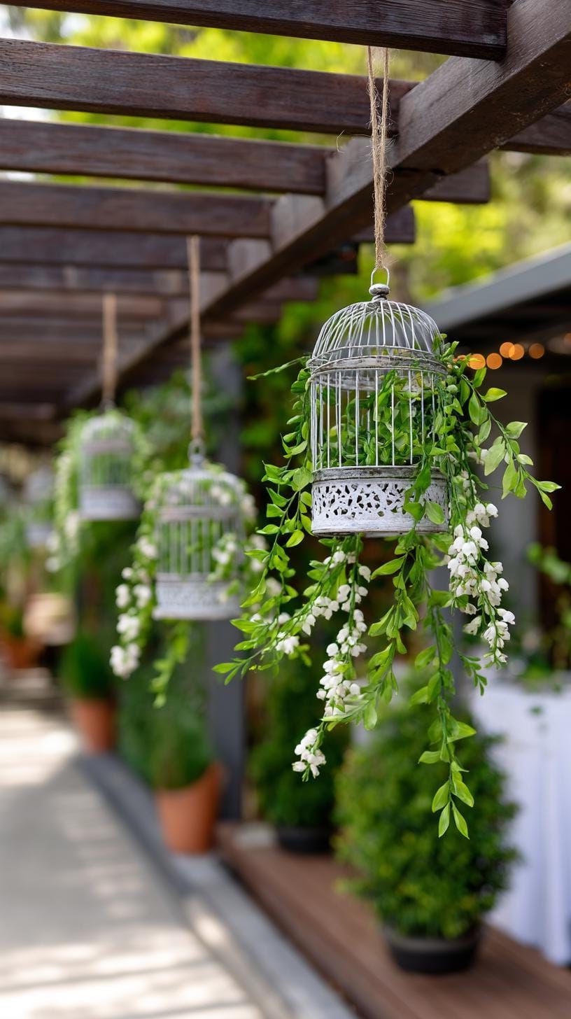 29 Charming Vintage Garden Decor Ideas: Embrace Rustic Beauty Outdoors 30 13. Hanging birdcages filled with trailing greenery-1