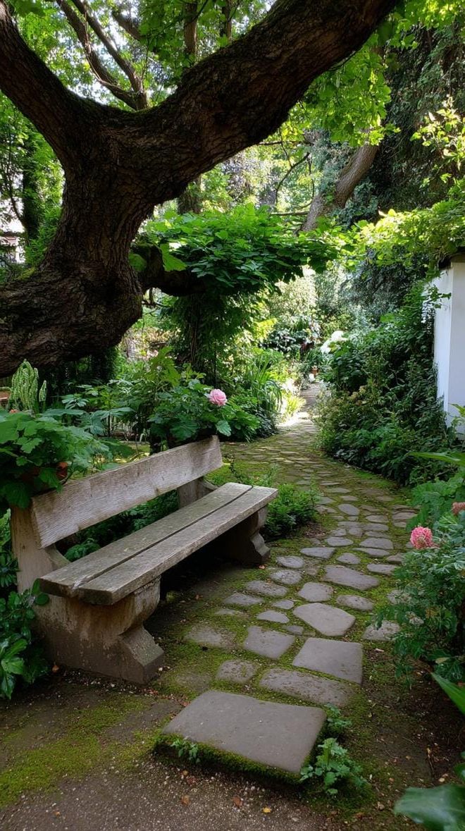 16. Shady garden bench beside mossy stepping stones-0