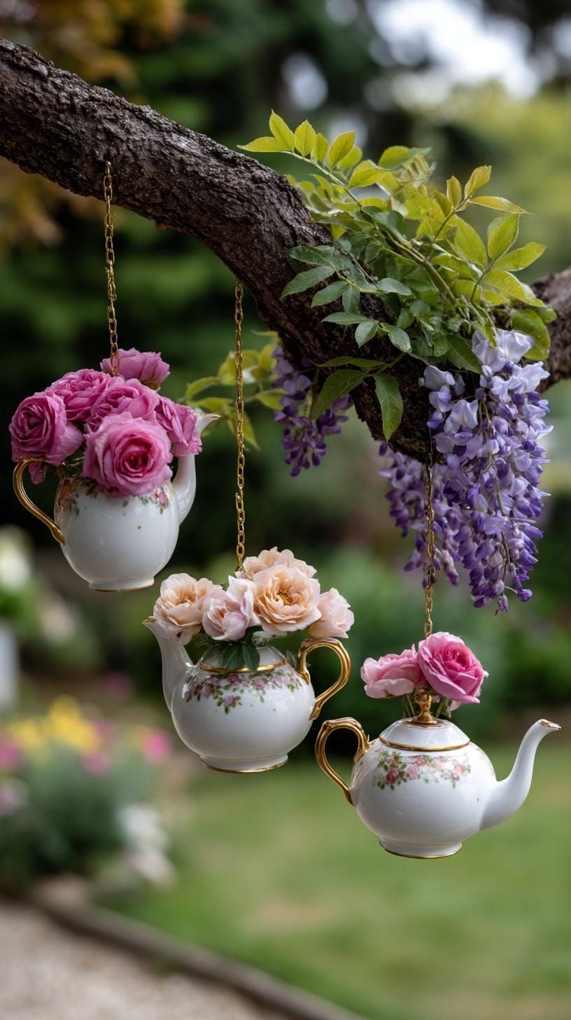 29 Charming Vintage Garden Decor Ideas: Embrace Rustic Beauty Outdoors 10 4. Hanging teapots with blooming floral arrangements-2
