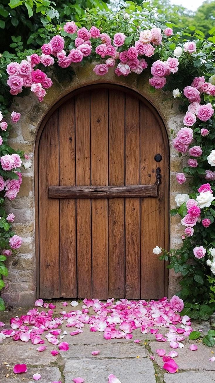 37 Magical Garden Ideas for a Whimsical Backyard 11 4. Rustic arch gate wrapped in climbing roses-1
