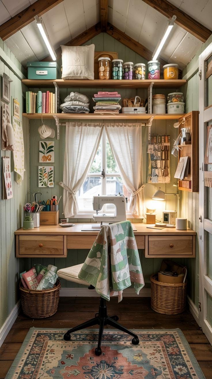 25 Craft Room Inspiring Ideas for Organization & Decor! 66 25. Cozy nook craft room with floating desk and soft light-1