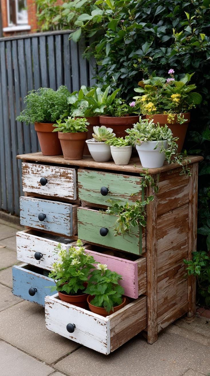 29 Charming Vintage Garden Decor Ideas: Embrace Rustic Beauty Outdoors 52 25. Upcycled drawer unit filled with potted plants-0