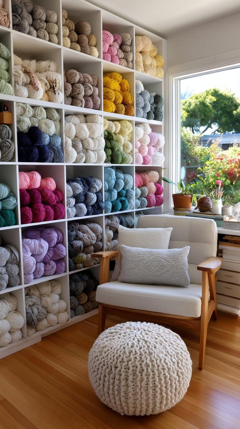 25 Craft Room Inspiring Ideas for Organization & Decor! 5 2. Built-in cubby wall filled with yarn skeins-0