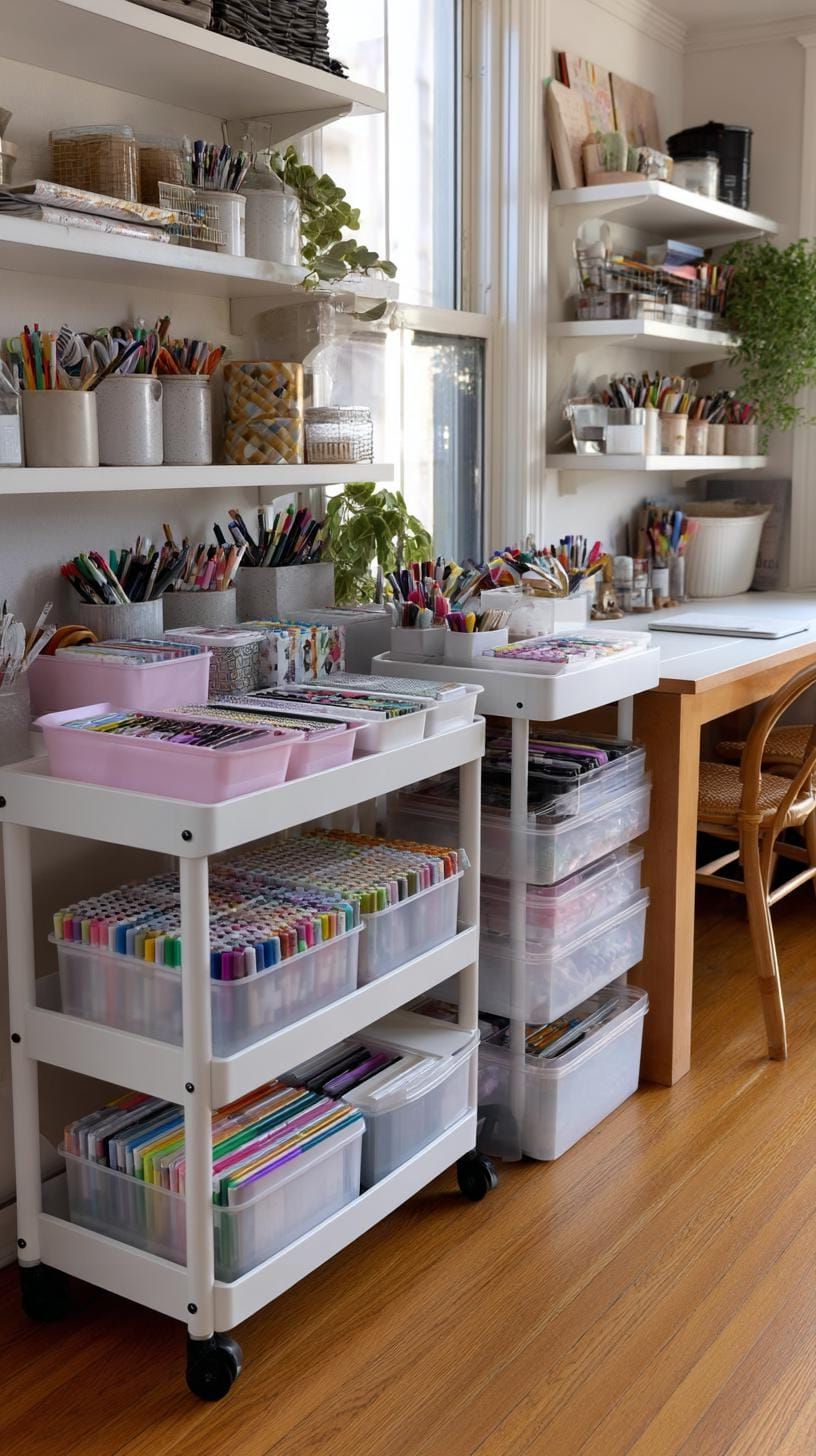 25 Craft Room Inspiring Ideas for Organization & Decor! 47 17. Storage carts with clear bins and color-coded labels-0