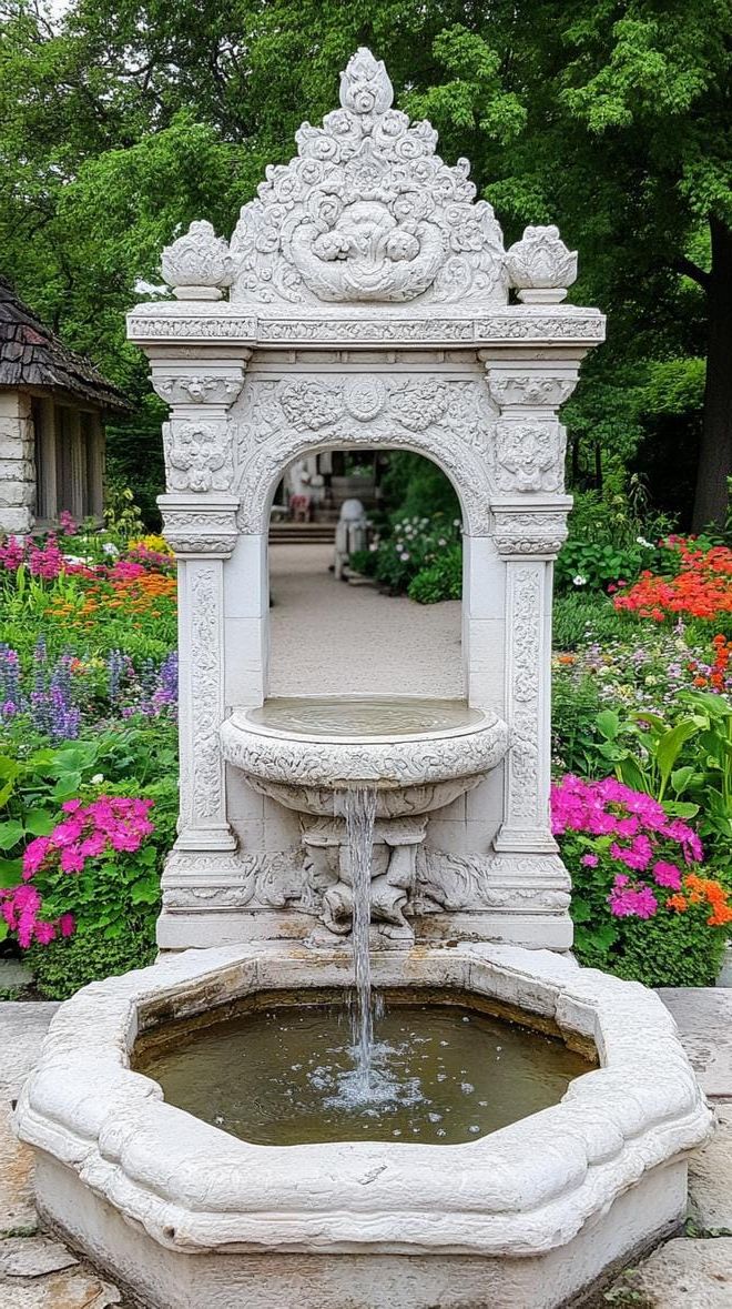 18. Fairy tale stone fountain beyond flowered gate-2