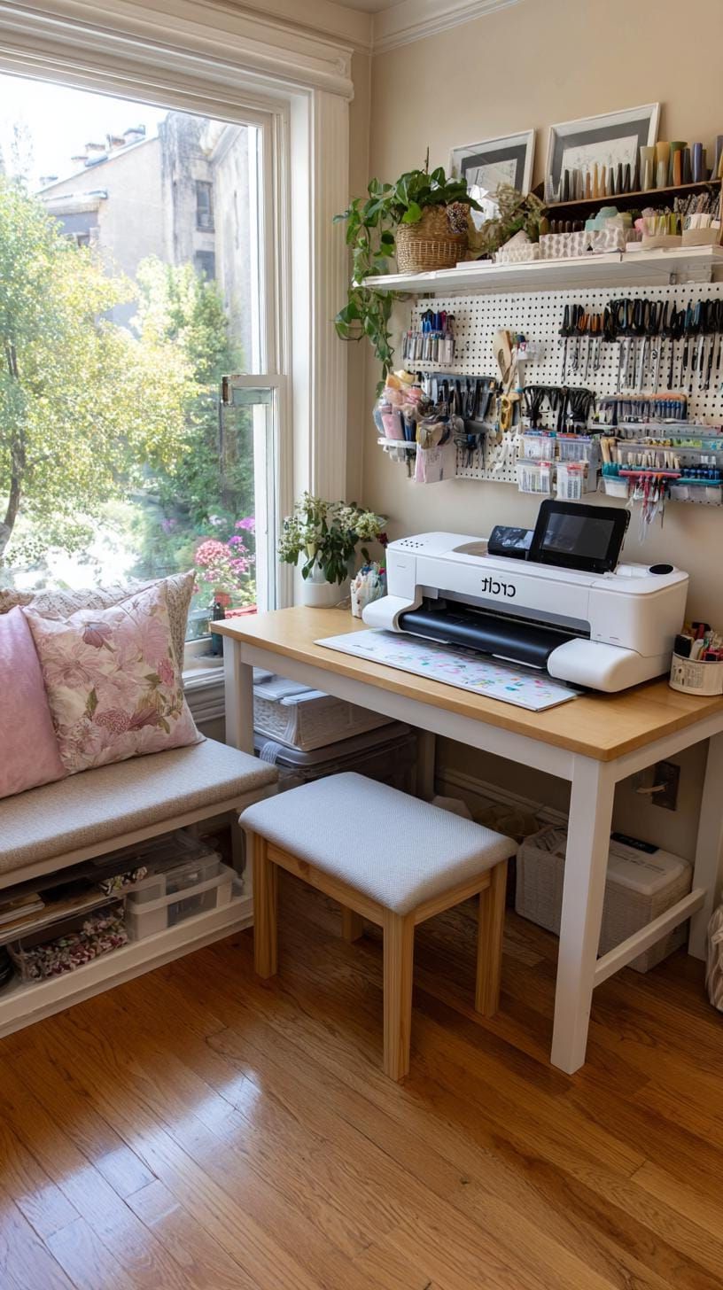 25 Craft Room Inspiring Ideas for Organization & Decor! 16 5. Pastel-colored craft nook with Cricut and tool rack-1