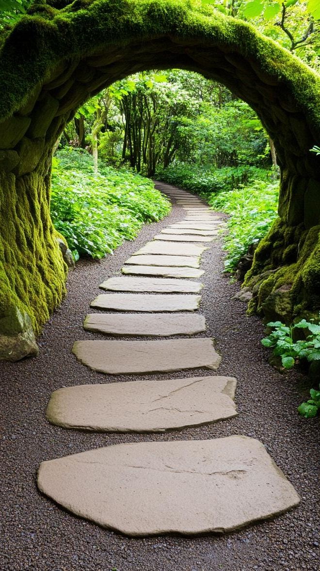 10. Twisting stone path flanked by moss walls-1