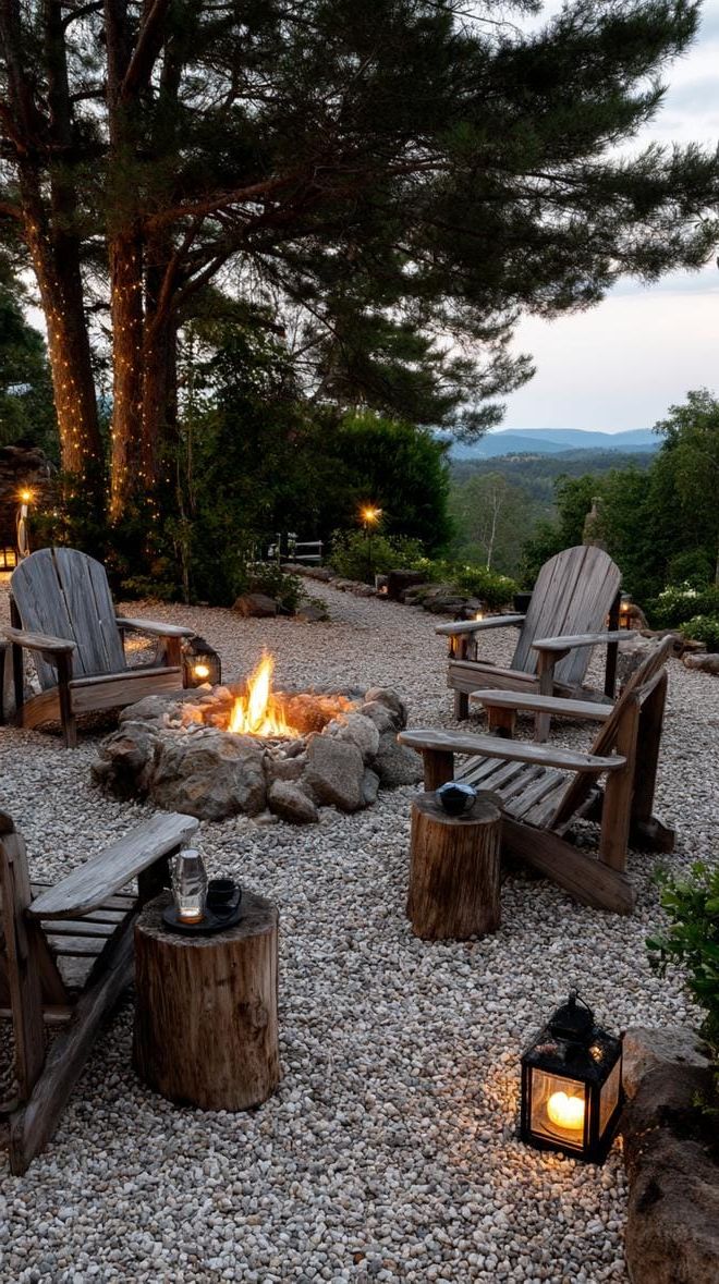 10. Gravel fire pit patio with wooden Adirondack chairs-1