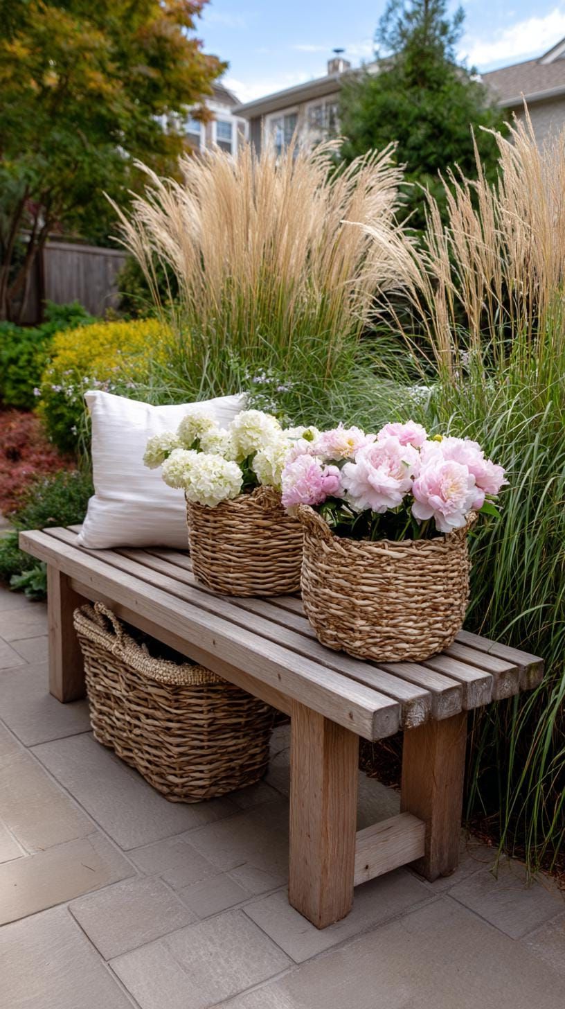 29 Charming Vintage Garden Decor Ideas: Embrace Rustic Beauty Outdoors 50 24. Wicker baskets brimming with soft pastel florals-0