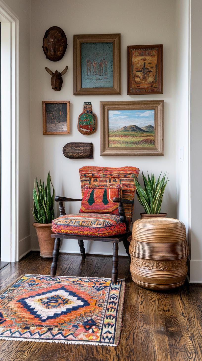 37 Gallery Wall Decor Ideas to Transform Any Room 107 36. Cultural collage arrangement with travel or ethnic prints and textiles-1