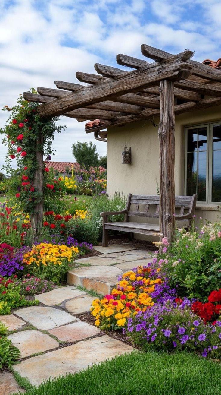 5. Rustic wood pergola over colorful farmhouse garden-0
