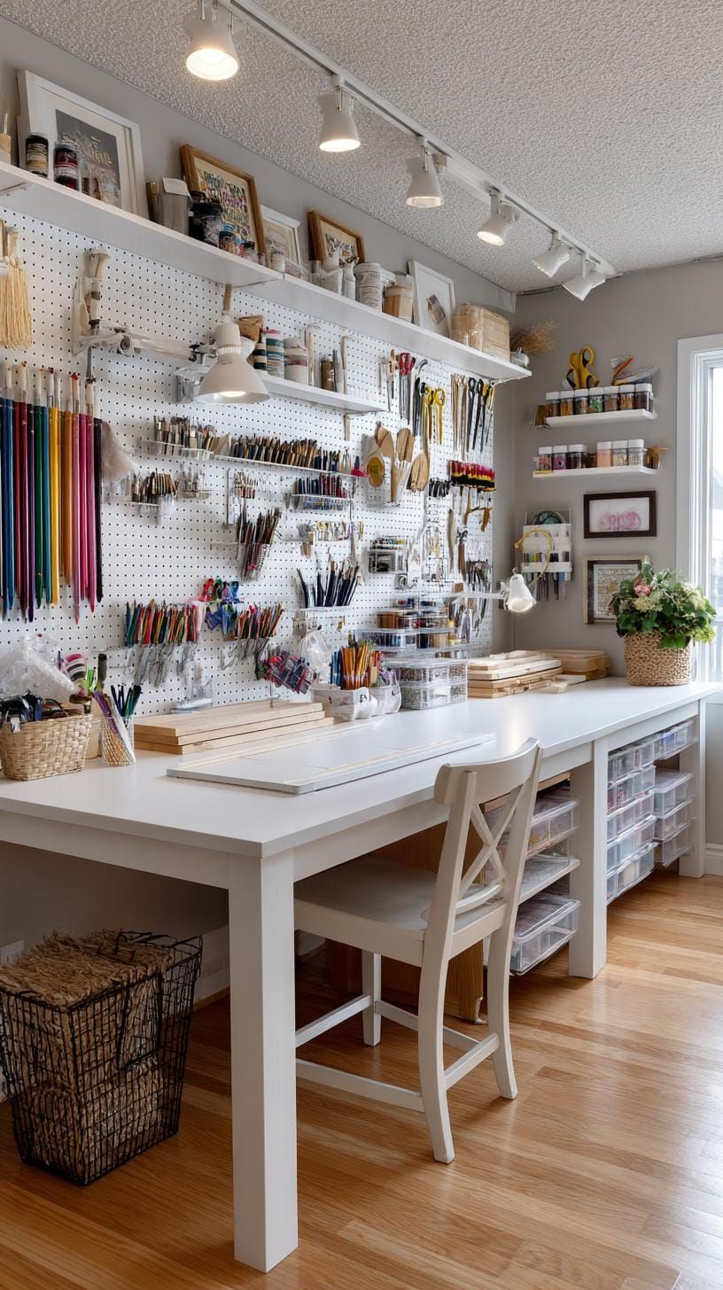25 Craft Room Inspiring Ideas for Organization & Decor! 64 24. Pegboard DIY zone styled with vertical tool holders-1