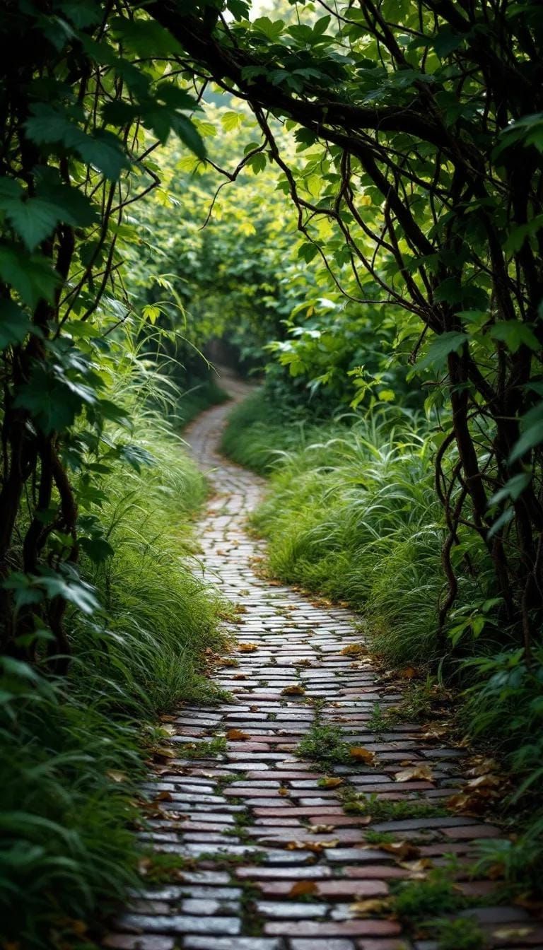 6. Vine-draped brick pathway leading to mystery-2