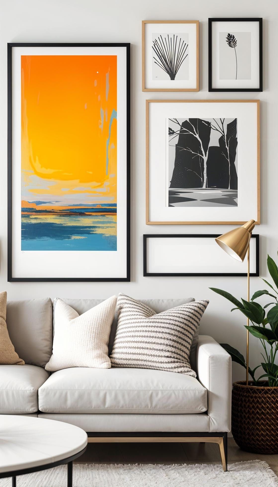 37 Gallery Wall Decor Ideas to Transform Any Room 44 15. Single color pop wall using neutral tones with one bold art color-0