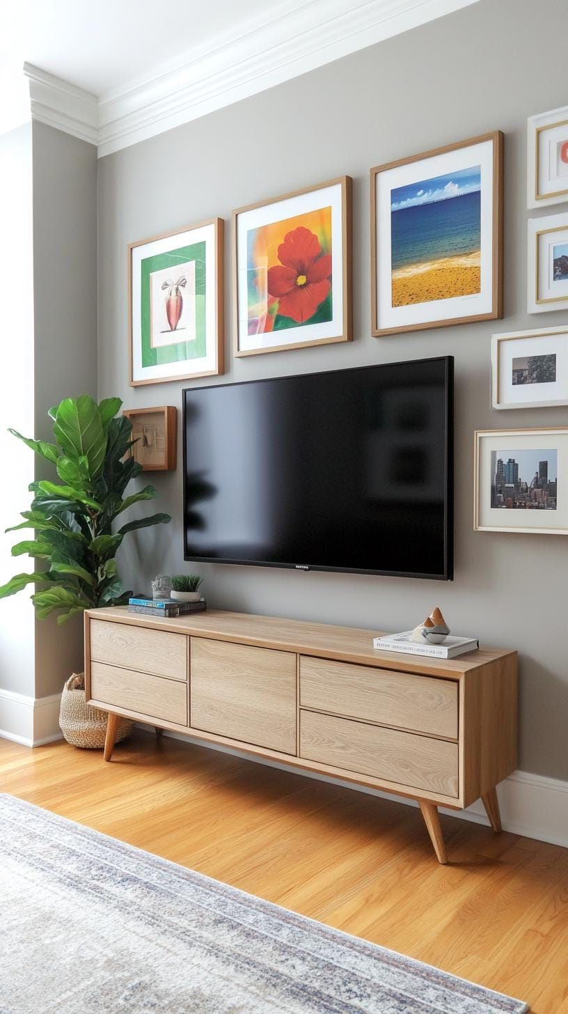 37 Gallery Wall Decor Ideas to Transform Any Room 47 16. Gallery wall around TV encircling a mounted television with art-0