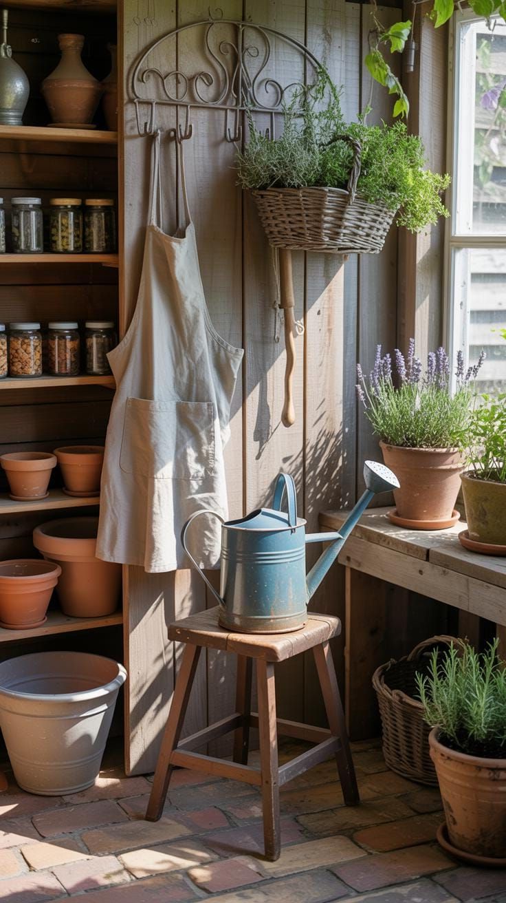 21 She Shed Interior Ideas for a Personal Backyard Retreat 45 13. Farmhouse-inspired shed with hanging baskets and brick floor-2
