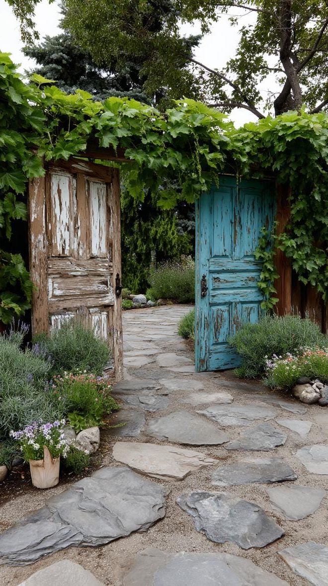 29 Charming Vintage Garden Decor Ideas: Embrace Rustic Beauty Outdoors 22 9. Repurposed wooden doors as garden backdrops-1