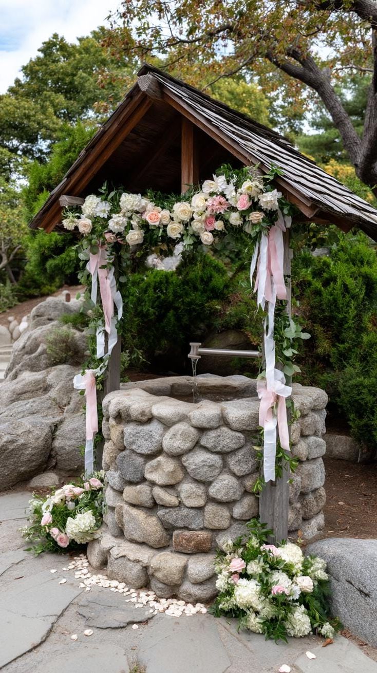 37 Magical Garden Ideas for a Whimsical Backyard 60 23. Wishing well adorned with pastel blooms-2