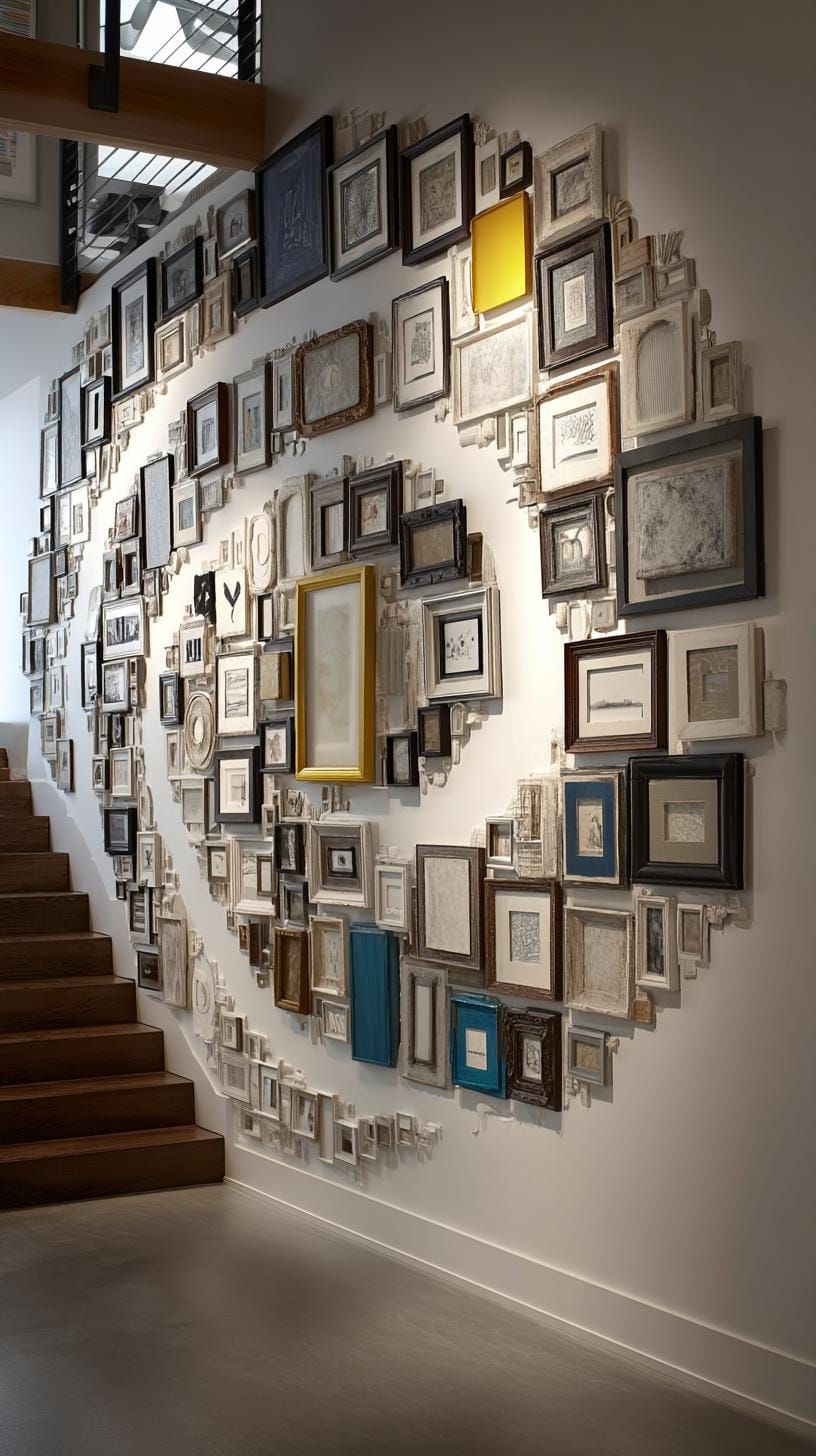 37 Gallery Wall Decor Ideas to Transform Any Room 14 5. Spiral formation where artwork radiates outward in a swirl-0