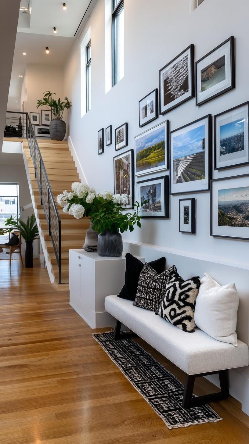 37 Gallery Wall Decor Ideas to Transform Any Room 31 10. Staircase step alignment with art staggered to follow the stair slope-2