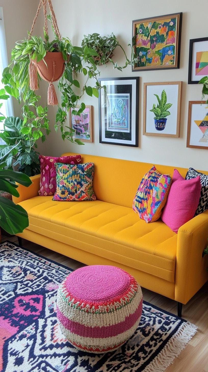 37 Gallery Wall Decor Ideas to Transform Any Room 41 14. Bohemian frame mix with bold colors textiles and mixed shapes on the wall-0