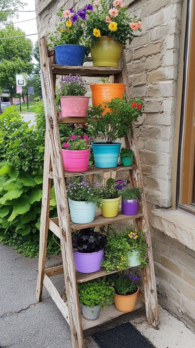 37 Magical Garden Ideas for a Whimsical Backyard 53 21. Old ladder turned whimsical planter stand-1