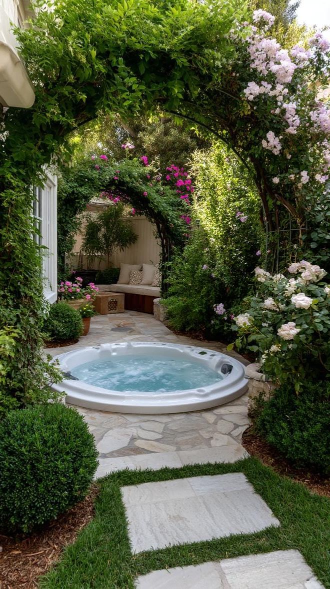 Escape to Paradise: Discover 31 Stunning Hot Tub Ideas for Your Backyard Oasis 21 7. Backyard garden with a hidden hot tub nook-1