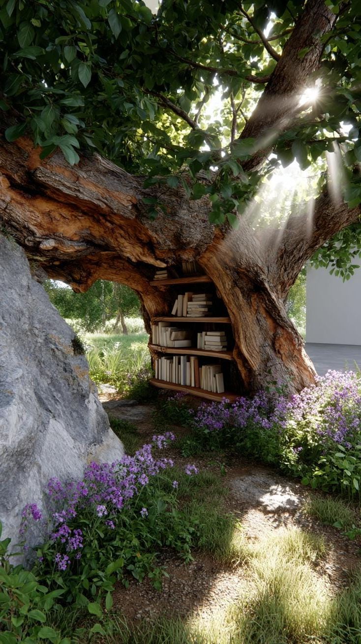 4. Hollow tree bookshelf tucked under wildflowers-0