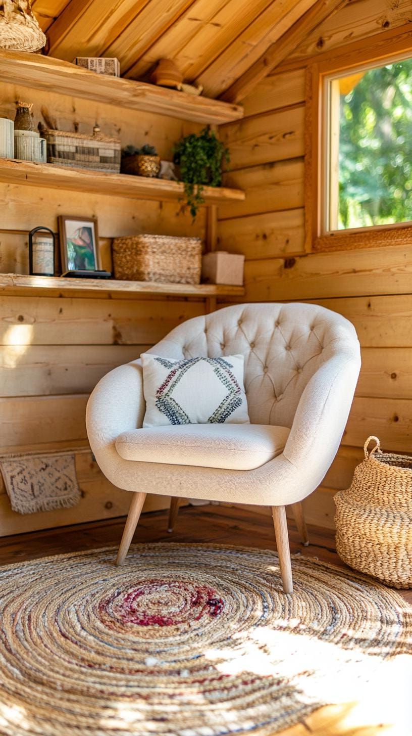21 She Shed Interior Ideas for a Personal Backyard Retreat 3 1. Rustic wood-paneled shed with vintage armchair and rug-1