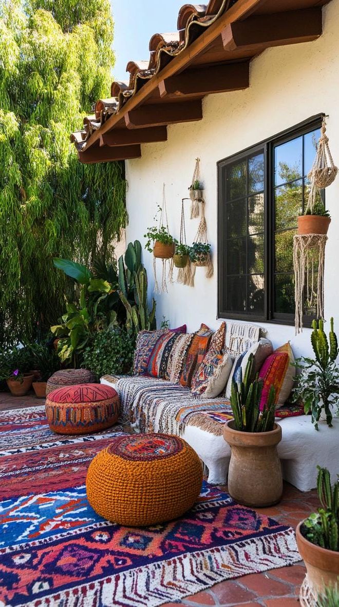 26. Boho patio with layered Moroccan rugs and plants-0