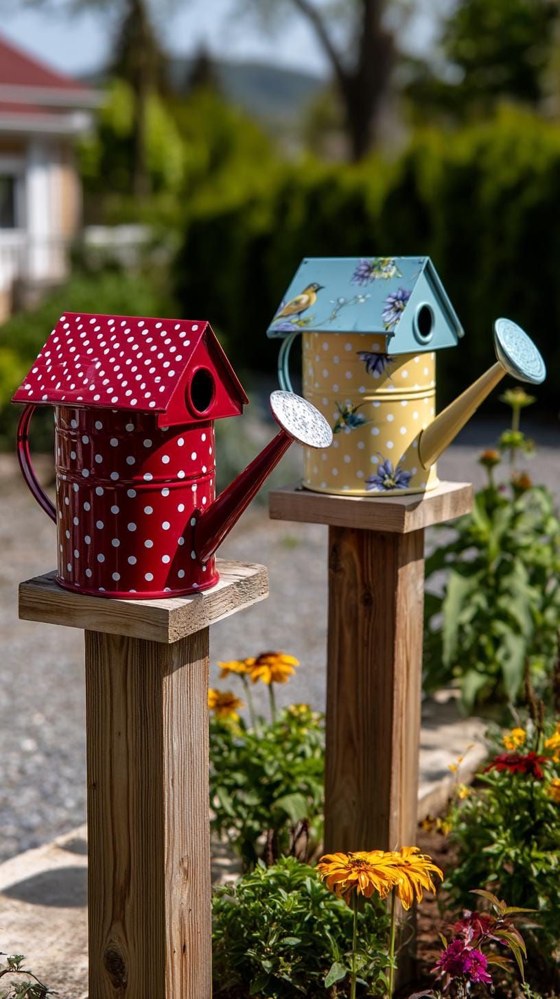 37 Magical Garden Ideas for a Whimsical Backyard 79 30. Painted watering cans used as birdhouses-1