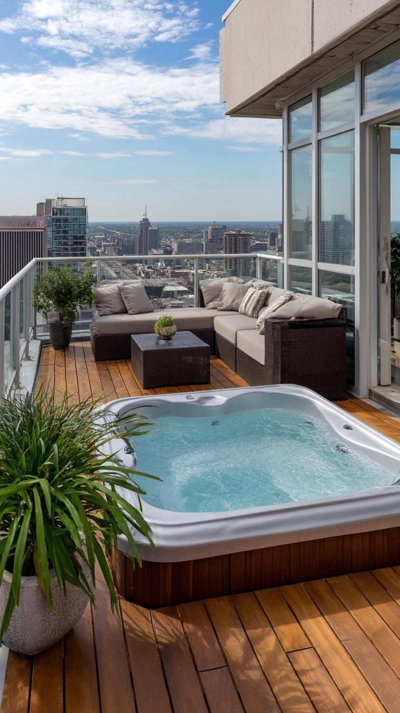 Escape to Paradise: Discover 31 Stunning Hot Tub Ideas for Your Backyard Oasis 32 10. Rooftop hot tub with panoramic views-3