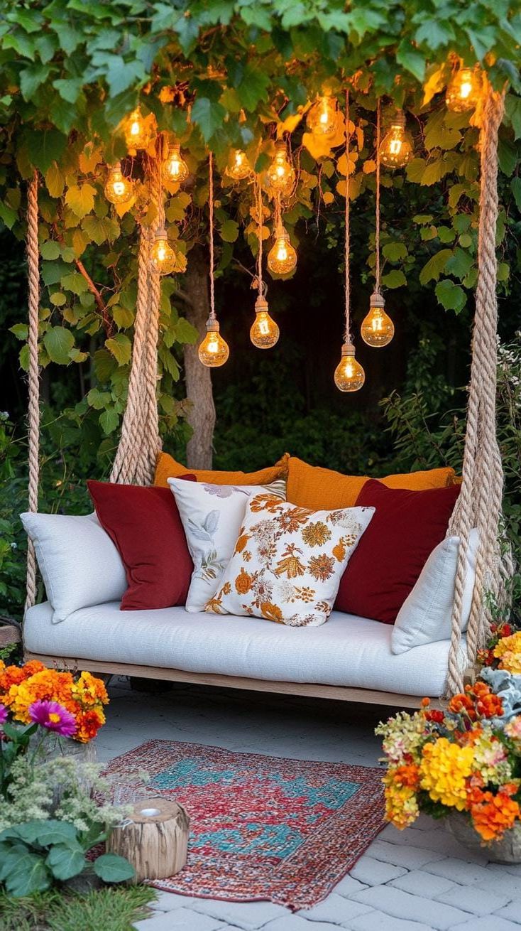 37 Magical Garden Ideas for a Whimsical Backyard 74 28. Fairy light canopy over garden bench-2