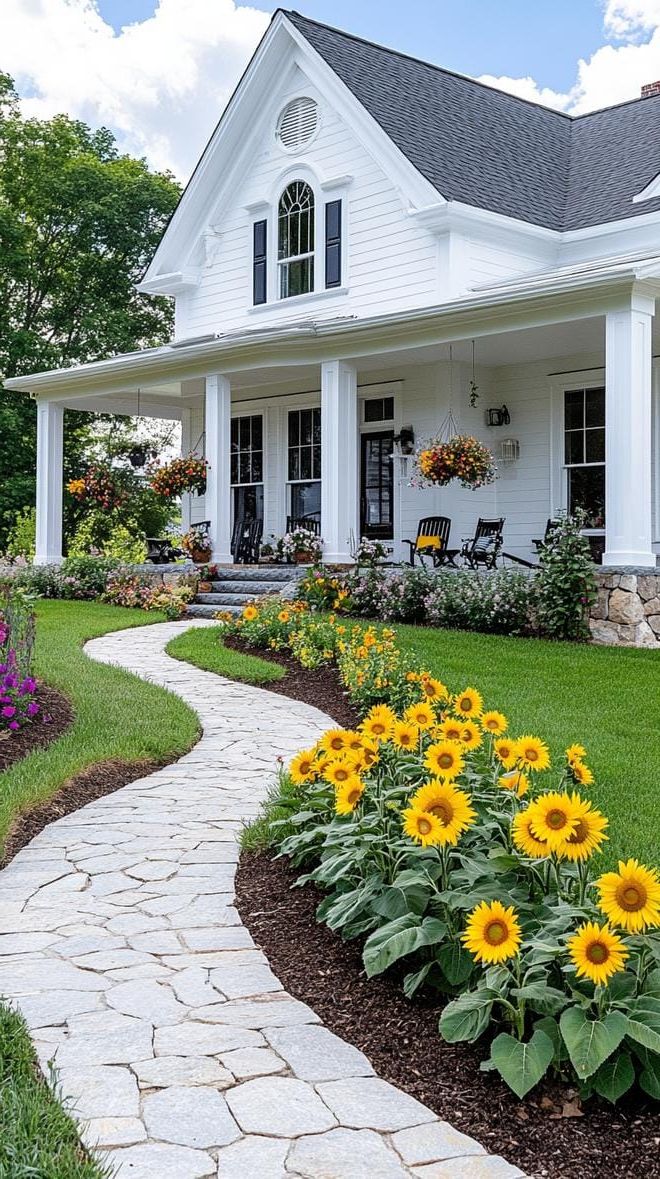 17. Dramatic curved flower path with sunflower borders-0