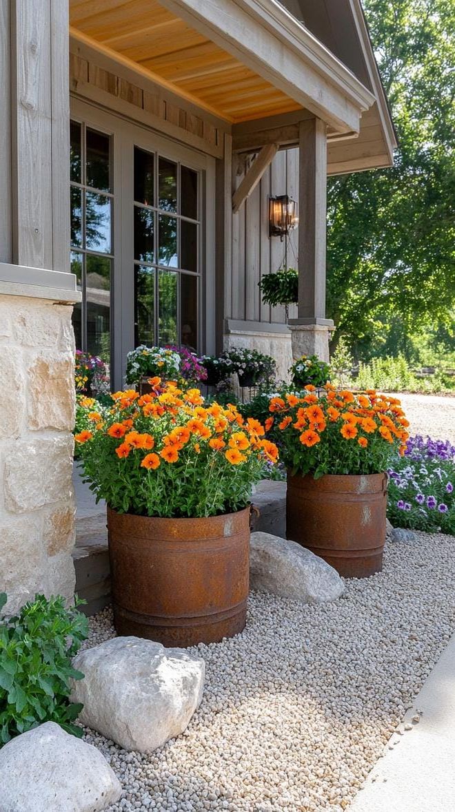 21. Gravel garden with rustic watering trough planters-3